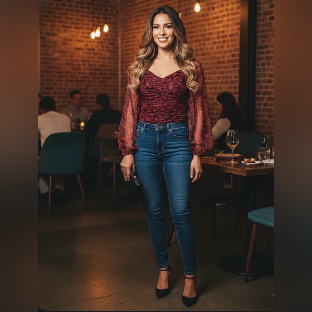 Parker Red and Black Ruched Blouse with Sheer Sleeves